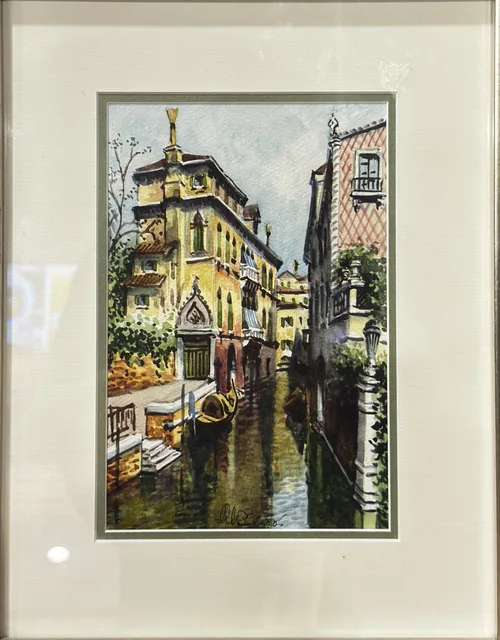 Framed Watercolour of a Canal Street, Silvered Frame, Wide Mat - detail