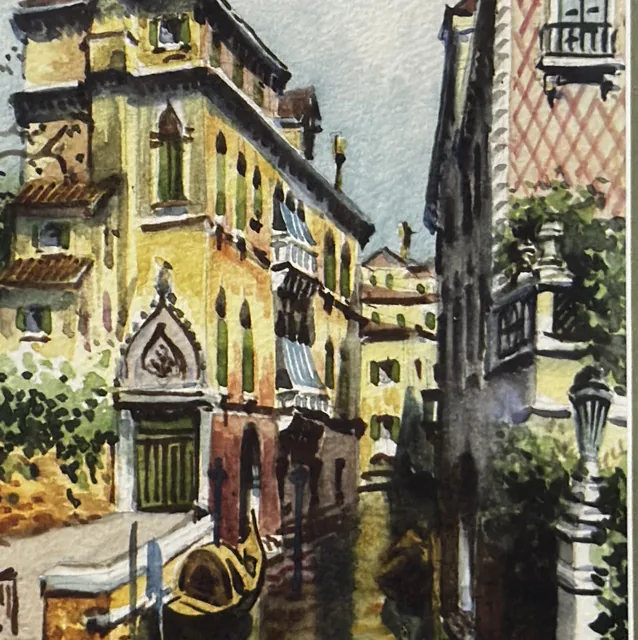 Framed Watercolour of a Canal Street, Silvered Frame, Wide Mat - detail
