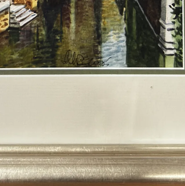 Framed Watercolour of a Canal Street, Silvered Frame, Wide Mat - detail