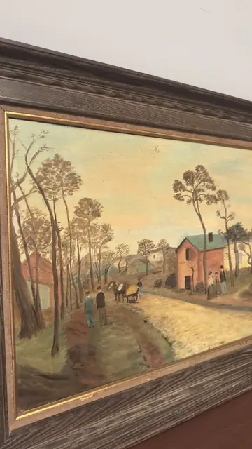 Country Road with Red House and Horse Cart, Framed - detail