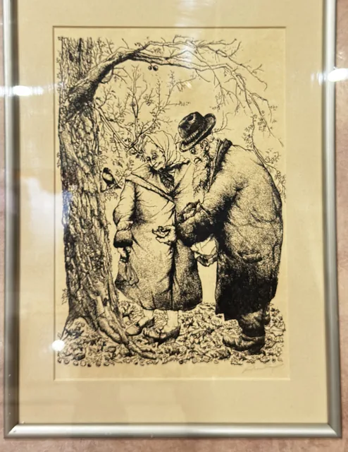 Antique Engraving, Figures Beneath a Tree, Carved Silvered Frame - detail