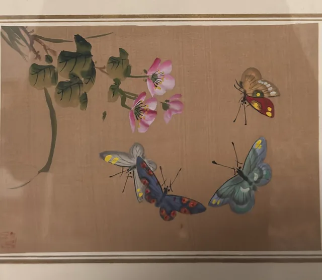 Chinese Butterflies and Pink Blossoms on Silk, Signed, Framed - detail