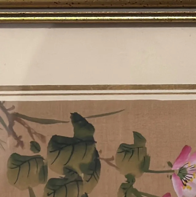 Chinese Butterflies and Pink Blossoms on Silk, Signed, Framed - detail