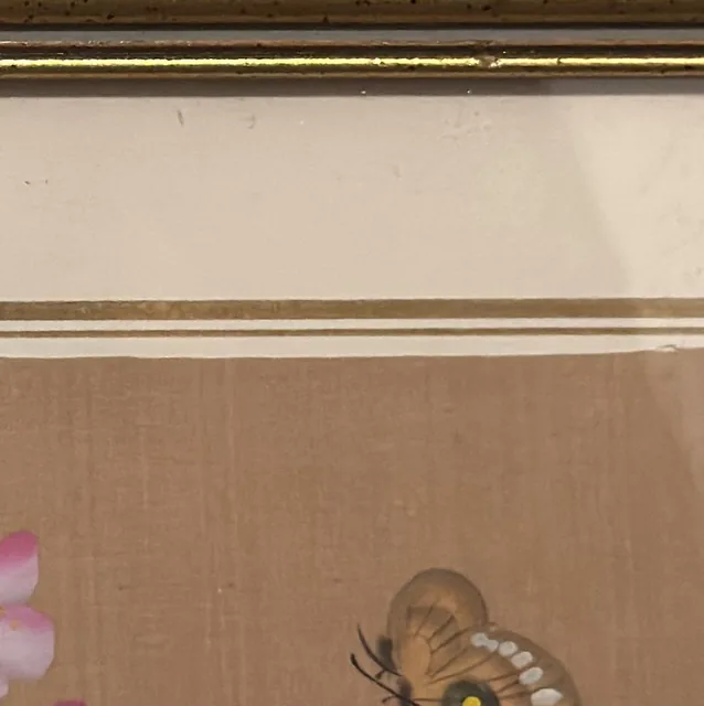 Chinese Butterflies and Pink Blossoms on Silk, Signed, Framed - detail