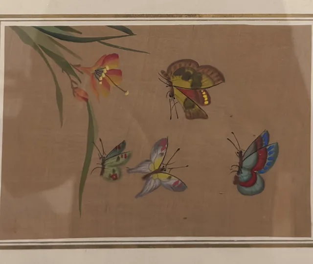 Chinese Butterflies with Orange Lily on Silk, Framed - detail