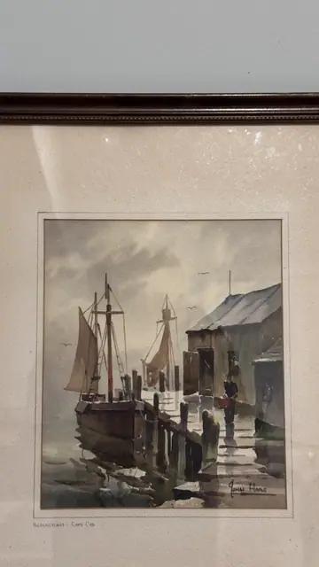 Reflections Cape Cod Harbour Watercolour by John Hare, Signed, Framed - detail