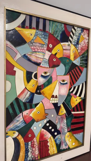 Large Cubist Panel of Birds and Masked Faces, Signed, Framed - detail