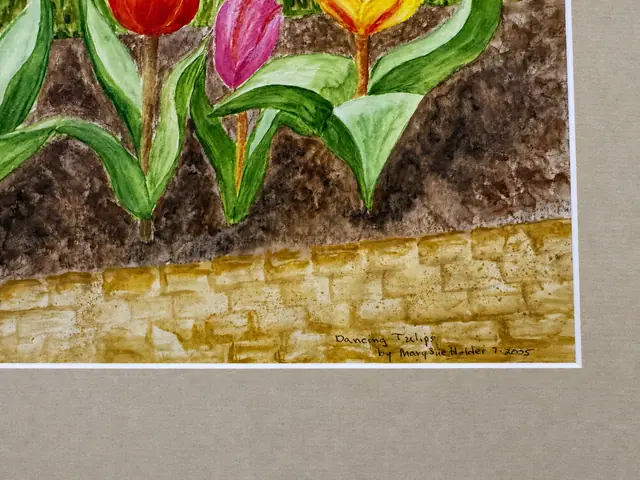 'Dancing Tulips' Embossed Watercolour, Signed and Dated 2005, Grey Frame - signature