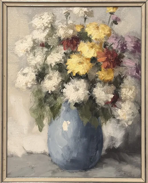 Chrysanthemums in a Blue Vase, Oil Painting, Framed - detail