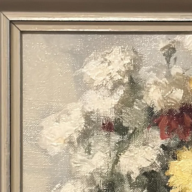 Chrysanthemums in a Blue Vase, Oil Painting, Framed - detail