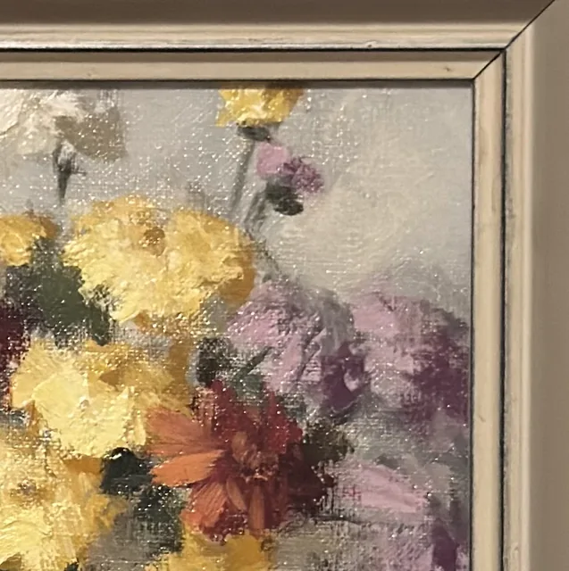Chrysanthemums in a Blue Vase, Oil Painting, Framed - detail