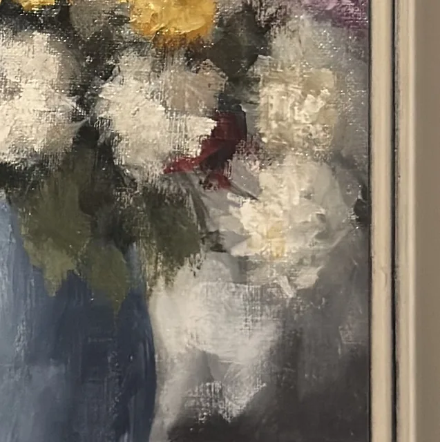 Chrysanthemums in a Blue Vase, Oil Painting, Framed - detail