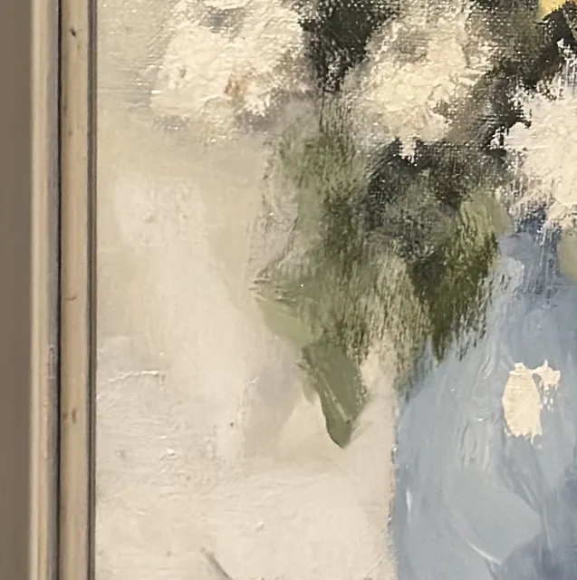 Chrysanthemums in a Blue Vase, Oil Painting, Framed - detail