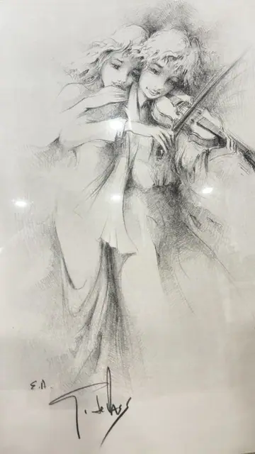 Artist's Proof Charcoal Study of Violinist and Companion, Signed in the Plate, Framed - signature