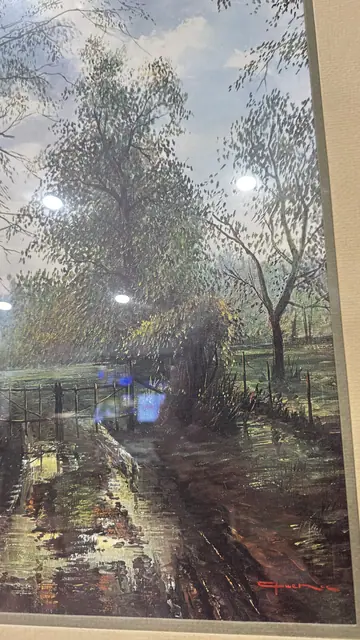 Wet Country Lane with Bare Trees, Signed, Framed - signature