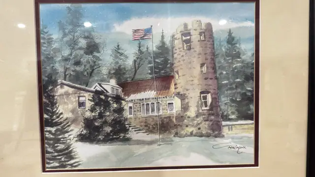 Winter Watercolour of Stone Tower and Flag, Signed, Framed - detail