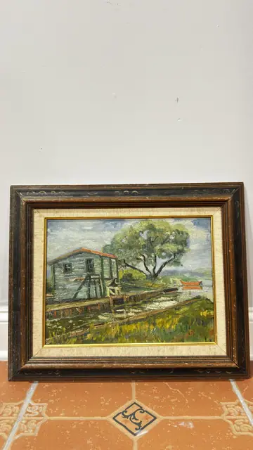 Blue Barn and Willow Tree Oil Painting, Framed - detail