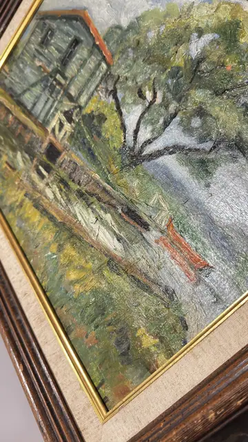 Blue Barn and Willow Tree Oil Painting, Framed - detail