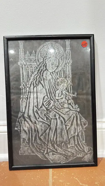 Gothic Brass Rubbing of Madonna and Child, Framed - detail