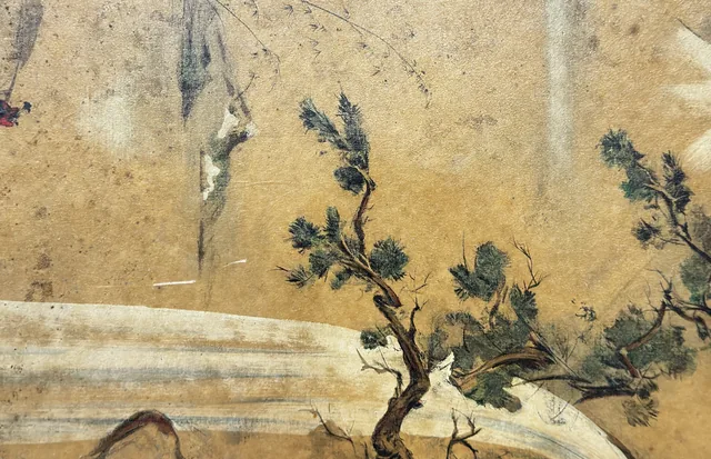 Antique East Asian Pine and Birds Painting, Signed, Framed - detail