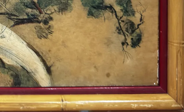 Antique East Asian Pine and Birds Painting, Signed, Framed - detail