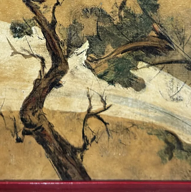 Antique East Asian Pine and Birds Painting, Signed, Framed - detail