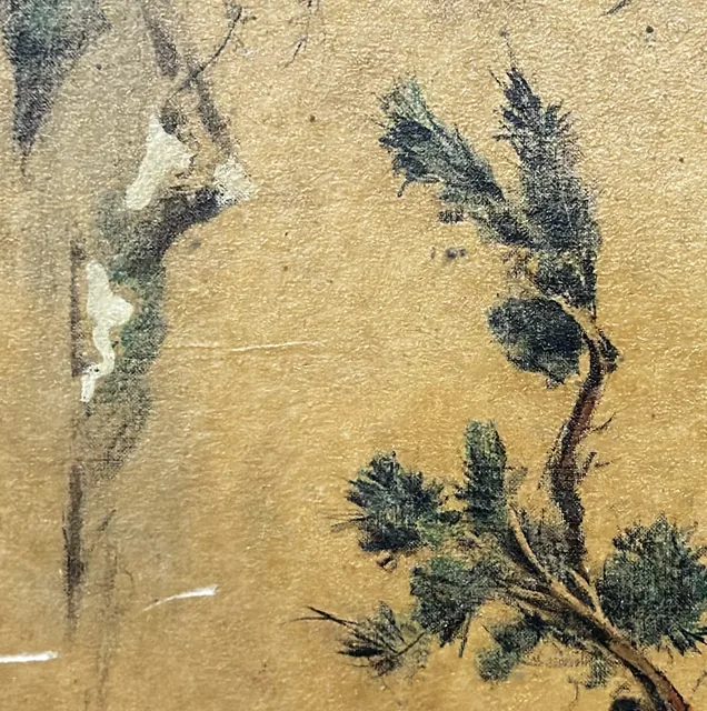 Antique East Asian Pine and Birds Painting, Signed, Framed - detail