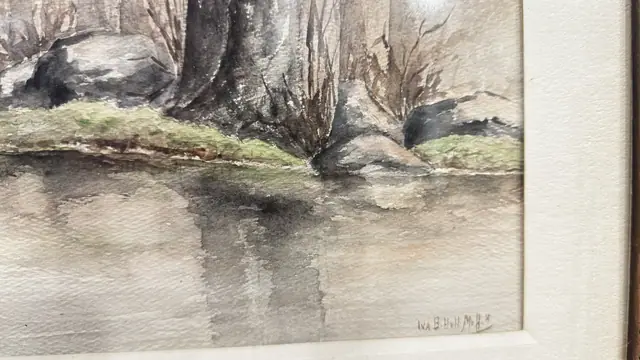 Watercolour of Bare Trees Beside Still Water, Signed, Framed - signature