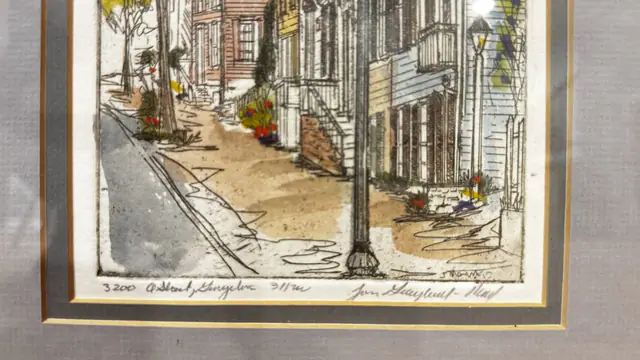 Hand-Coloured Etching 3200 O Street Georgetown, Joan Graybeal-Menard, Numbered Edition, Framed - signature