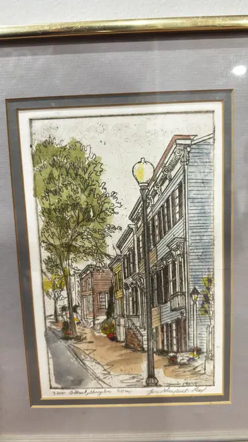 Hand-Coloured Etching 3200 O Street Georgetown, Joan Graybeal-Menard, Numbered Edition, Framed - detail