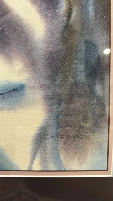 Modern Watercolour Portrait Face in Blue, Signed, Framed - signature