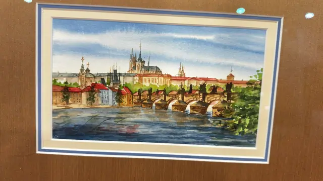Watercolour of Prague Castle and Charles Bridge, Framed - detail