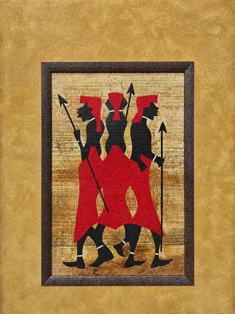 Framed Papyrus Painting, Warriors with Spears, Yellow Mat, Dark Frame - detail