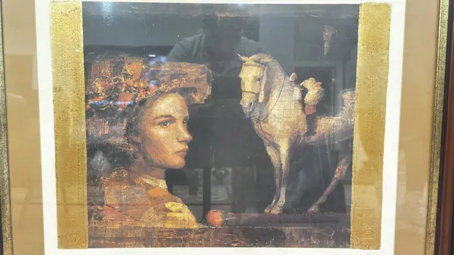 Woman with Headdress and White Horse, Gold Leaf, Signed, Framed - detail