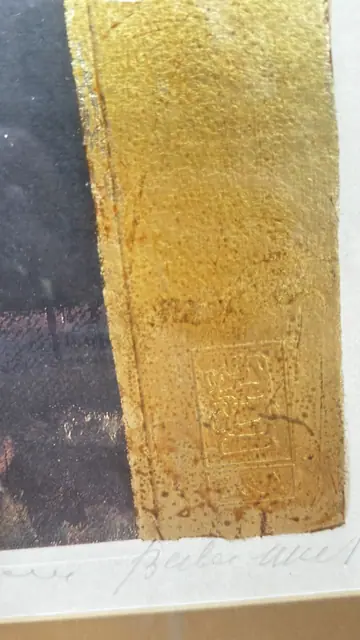 Woman with Headdress and White Horse, Gold Leaf, Signed, Framed - detail