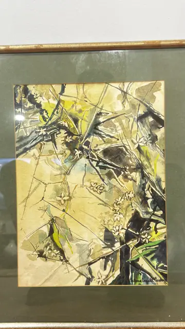 Bamboo and Blossom, Abstract Botanical, Signed, Framed - detail
