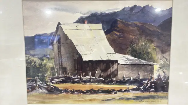 Desert Barn Beneath Blue Mountains, William Perry Schimmel, Signed, Framed - detail