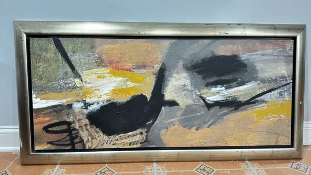 Wide Abstract in Black, Ochre and Bone, Signed, Framed - detail