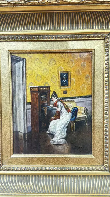 Lady at the Piano Interior Oil Painting, Signed, Framed - detail