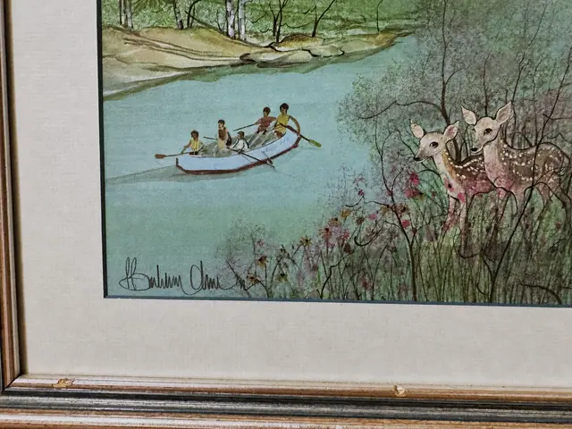 Watercolour Landscape with River, Boat and Deer, Slim Gilt Frame - detail
