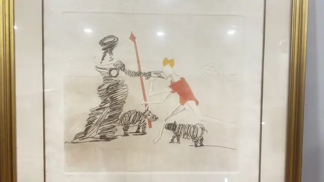 Etching Figure with Spear and Scribbled Beasts, Signed, Framed - detail