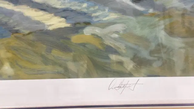 Sunlit Beach Scene with Parasol and Bathers, Signed, Framed - signature