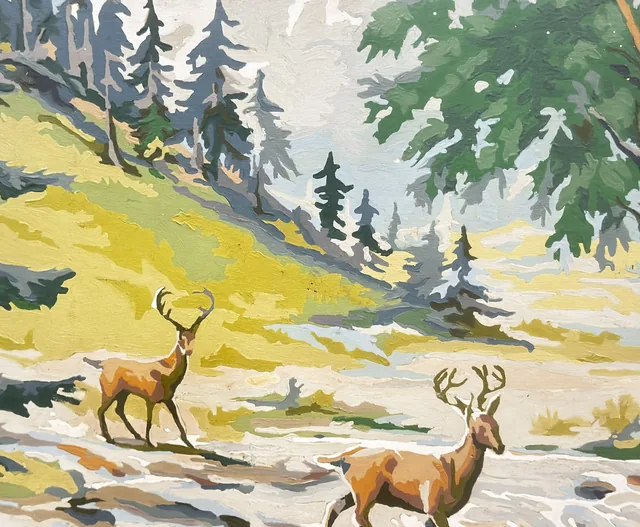Two Stags in a Wooded Stream, Framed - detail