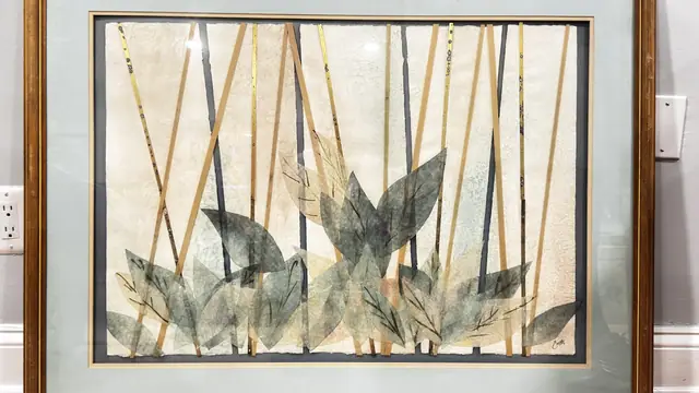 Pressed Leaf and Bamboo Paper Collage, Signed, Framed - detail