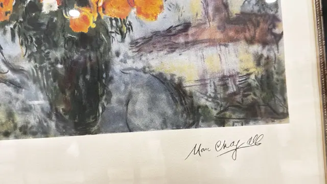 Marc Chagall Blue Bouquet Lithograph, Signed in the Plate, Framed, 2001 - signature