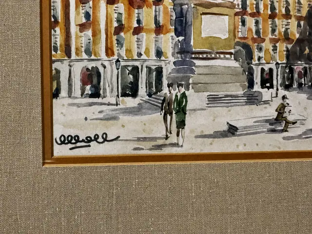 Watercolour of a City Square with Equestrian Monument, Linen Mat, Wood Frame - signature