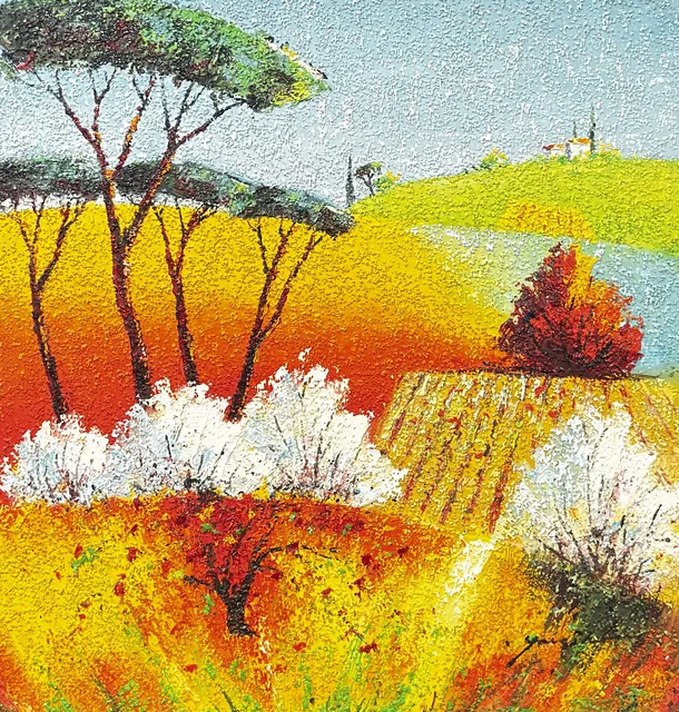 Tuscan Pines Above Blossoming Fields, Framed - detail