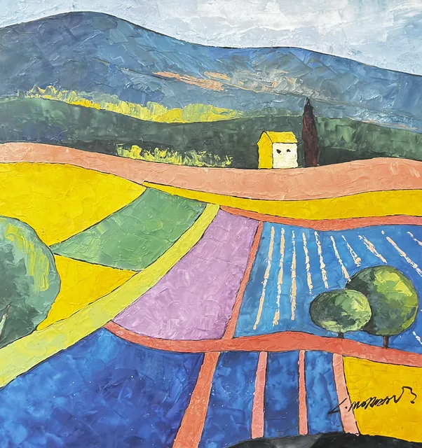 Provencal Fields With Yellow Farmhouse, Signed, Framed - detail