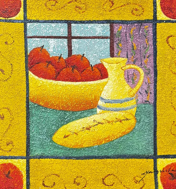 Apples And Banana In A Window Grid, Signed, Framed - detail