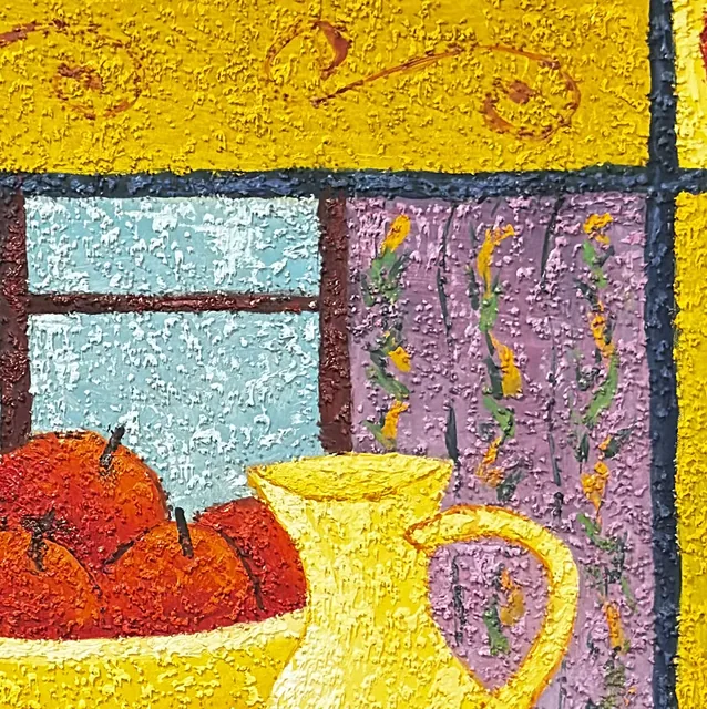 Apples And Banana In A Window Grid, Signed, Framed - detail